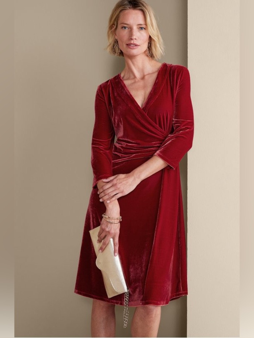 Soft Surroundings Velvet Hyannis Dress Red Dahlia Surplice NEW Small Petite $130